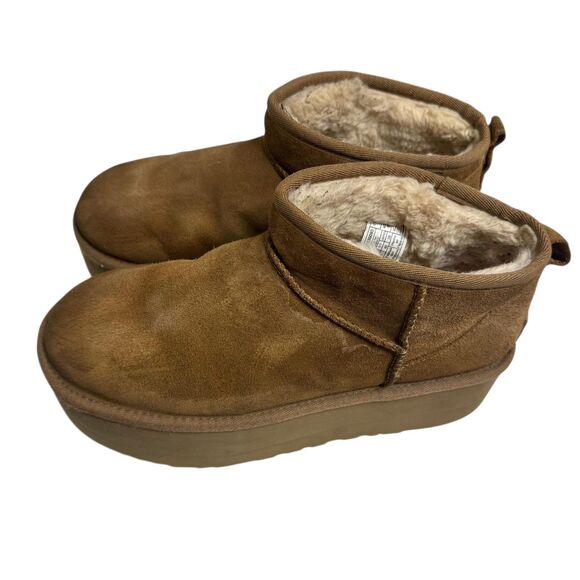 UGG Boots Womens Size 9 Brown Suede Shearling Platform Ankle Cozy - Picture 1 of 9